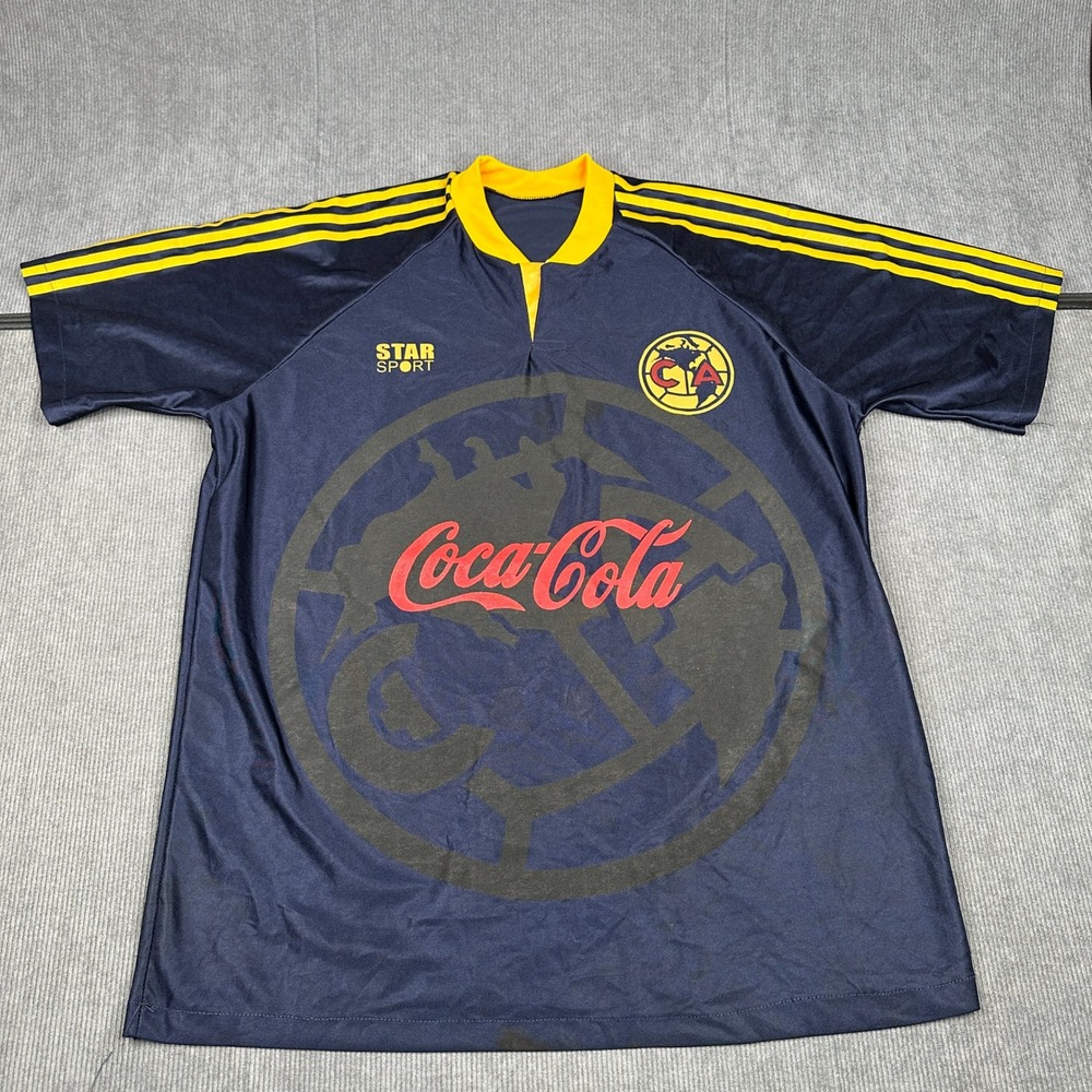 Vintage Star Sport Club America C Blanco 10 Soccer Jersey Navy Blue Coca-Cola XL